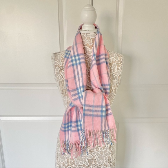 NEW Burberry Cashmere Pink Blue Plaid Scarf - Picture 3 of 5